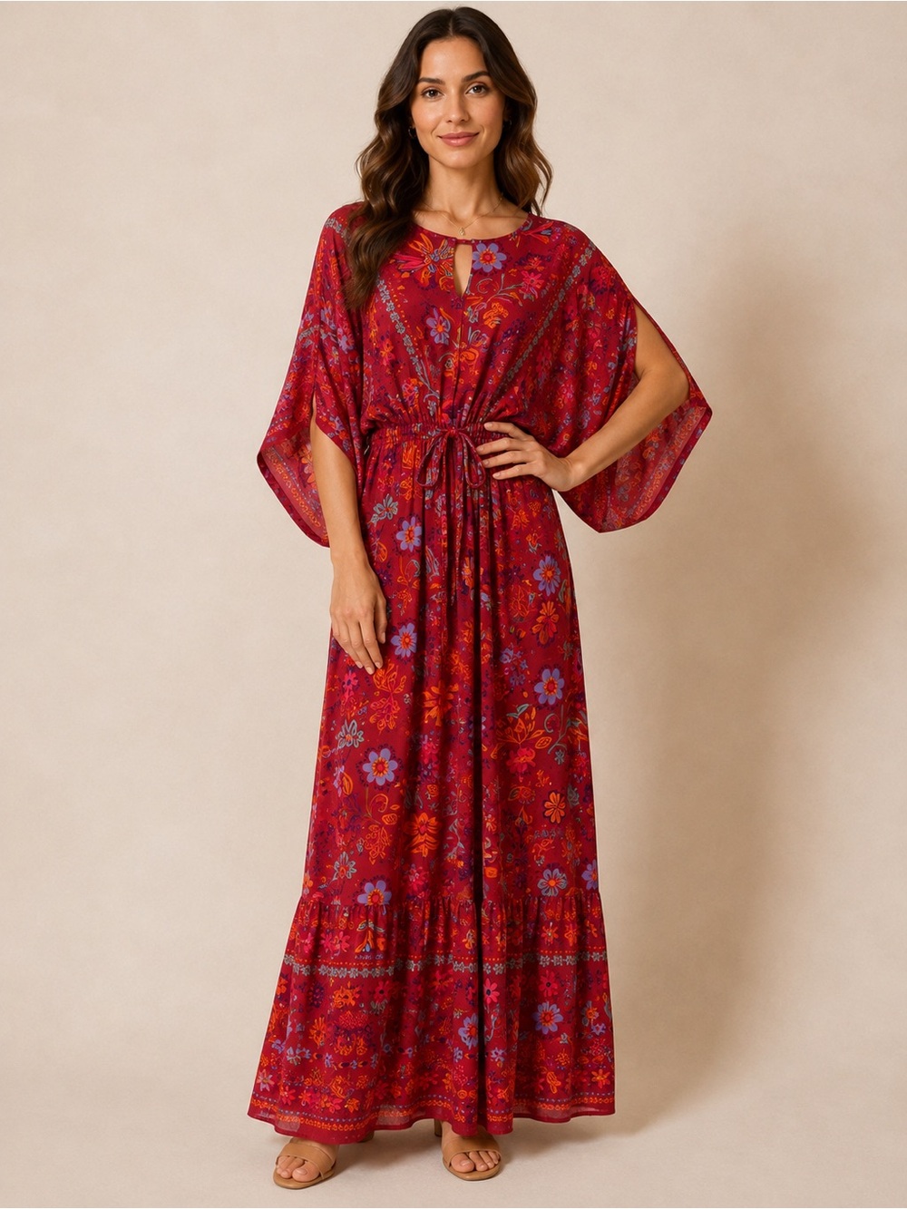 easel Red Floral Boho Maxi Dress with Elastic Waist NWT